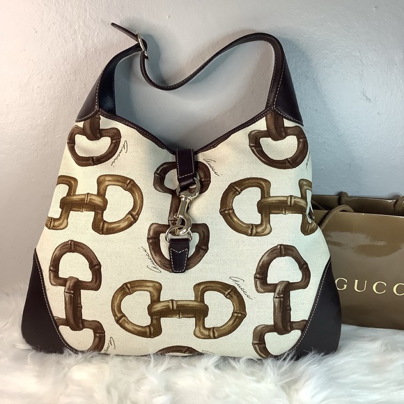 🛍🤎GUCCI White/Brown Horsebit Canvas Jackie O Bouvier Hobo Bag